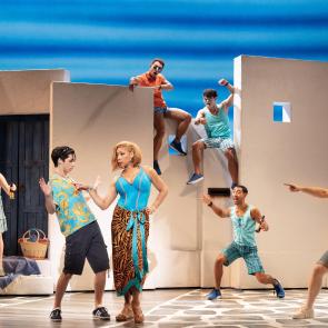 Patrick Park (Pepper), Jalynn Steele (Tanya), and the Company of MAMMA MIA! 25th Anniversary Tour. Photo by Joan Marcus  
