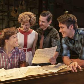 Four Friends. (l to r) Kennedy Caughell (“Carole King”), Kathryn Boswell (“Cynthia Weil”), James Michael Lambert (“Barry Mann”) and James D. Gish (“Gerry Goffin”).