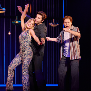 PHOTO CREDIT: Hannah Jewel Kohn (Marcia Murphey). Nick Fradiani (Neil - Then) and Tuck Milligan (Fred Weintraub) in A Beautiful Noise: The Neil Diamond Musical. Photo by Jeremy Daniel.