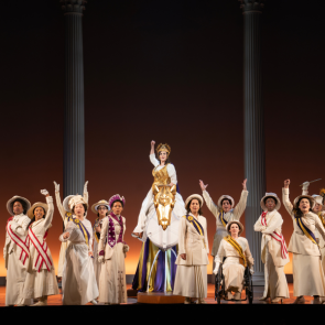PHOTO CREDIT: Shaina Taub as Alice Paul in the Suffs Broadway Company. Photo by Joan Marcus.