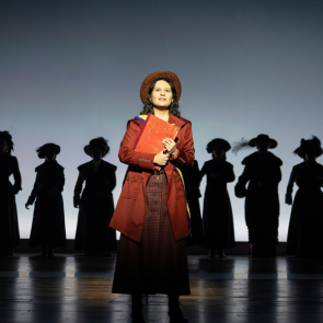 PHOTO CREDIT: Shaina Taub as Alice Paul in the Suffs Broadway Company. Photo by Joan Marcus.