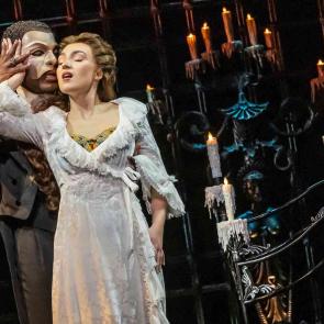 (L to R) Isaiah Bailey as The Phantom and Jordan Lee Gilbert as Christine Daaé in The Phantom of the Opera North American Tour. Photo: Matthew Murphy and Evan Zimmerman