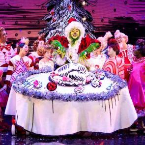 James Schultz as THE GRINCH, Aerina DeBoer as Cindy-Lou Who and the Touring Company of Dr. Seuss’ HOW THE GRINCH STOLE CHRISTMAS! The Musical. Credit: Jeremy Daniel